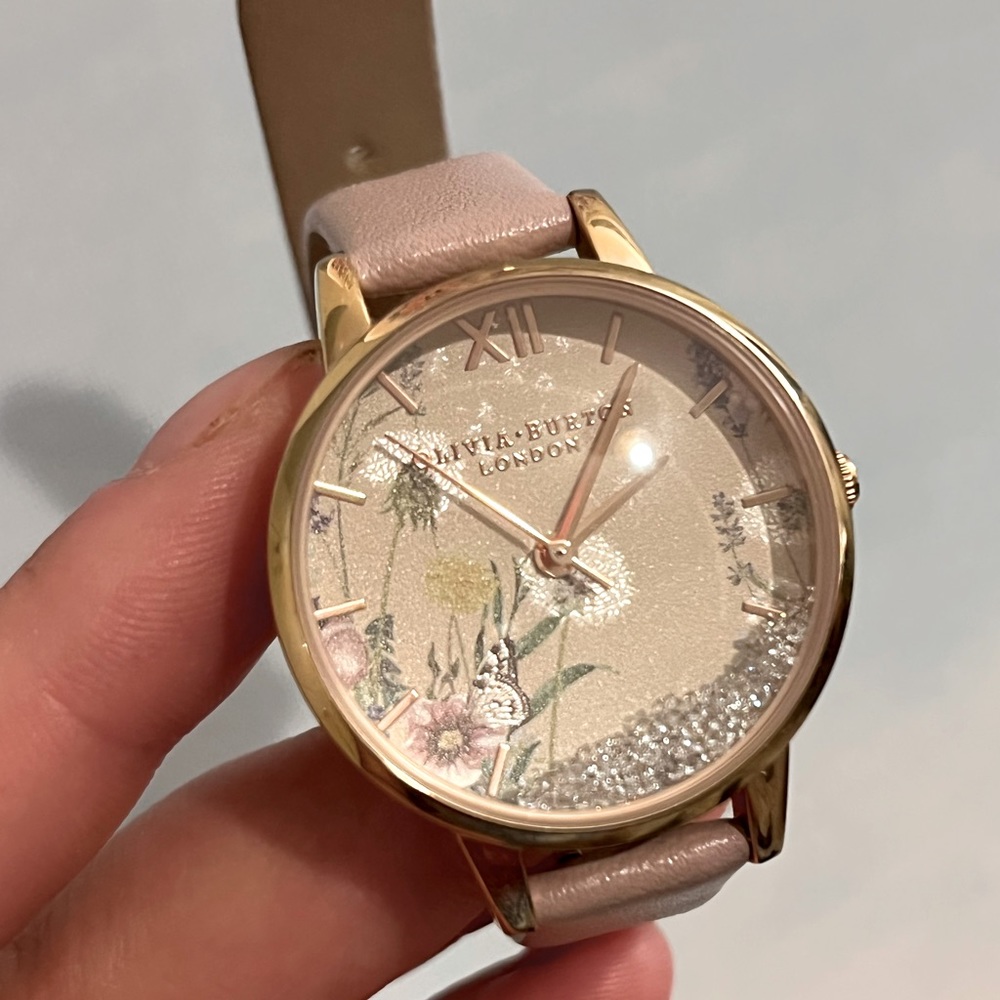Olivia burton watch - rose gold with pink leather and tiny crystals inside